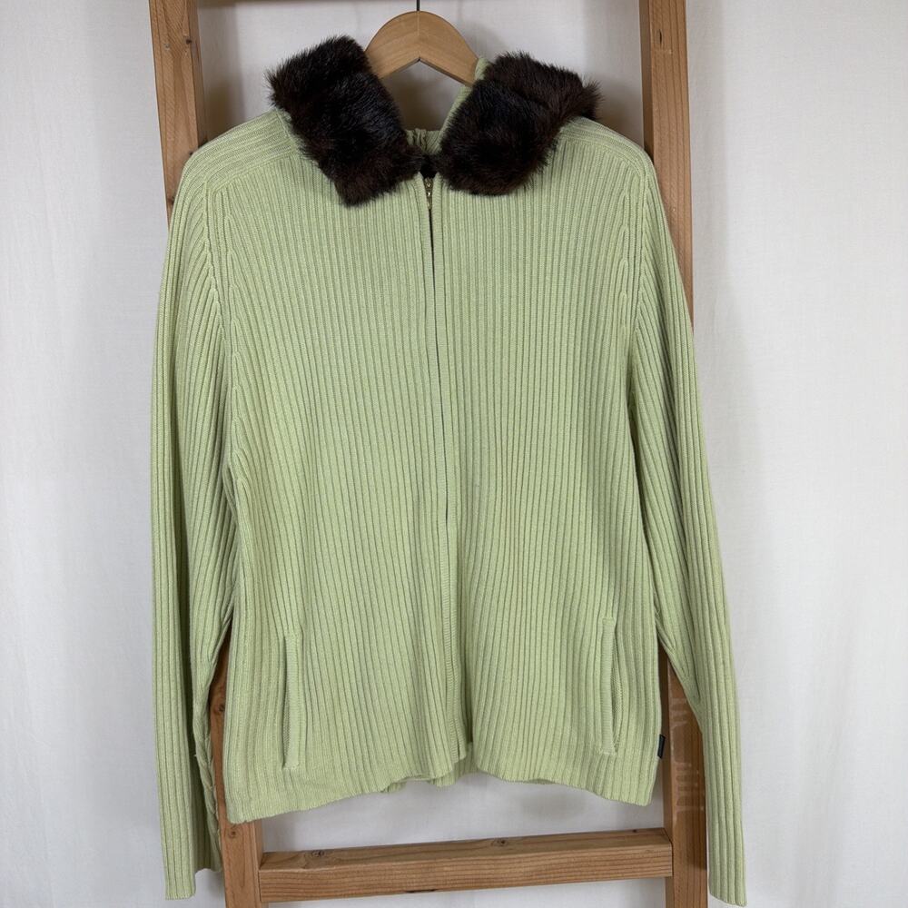 Obermeyer Signature Green Faux Fur On Hood Zip Knit Sweater #1342 Size XL